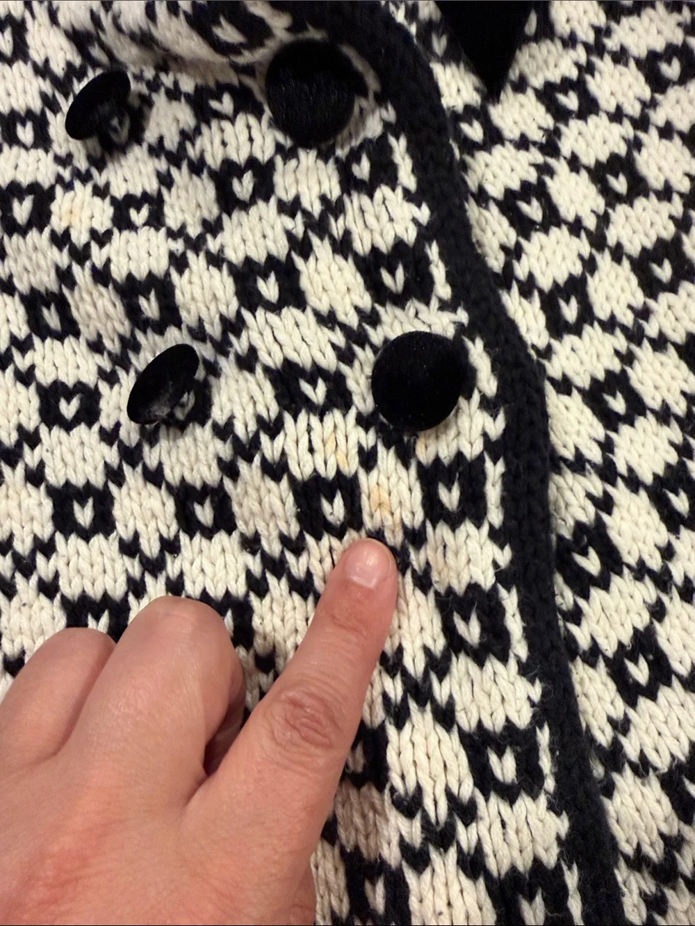 Girls Black & Cream Knit Double-Breasted Pea Coat with Velvet Bow